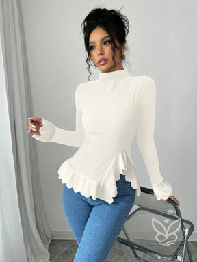 Blusa Manga Longa Com Gola Alta E Barra Assimétrica Blusa Manga Longa Com Gola Alta E Barra Assimétrica