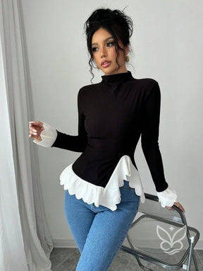 Blusa Manga Longa Com Gola Alta E Barra Assimétrica Blusa Manga Longa Com Gola Alta E Barra Assimétrica