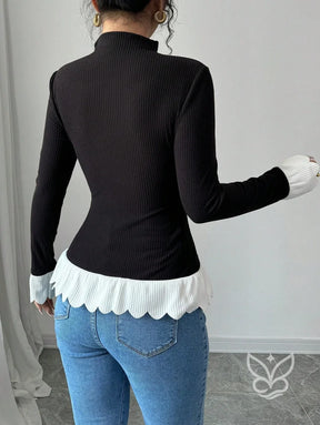 Blusa Manga Longa Com Gola Alta E Barra Assimétrica Blusa Manga Longa Com Gola Alta E Barra Assimétrica