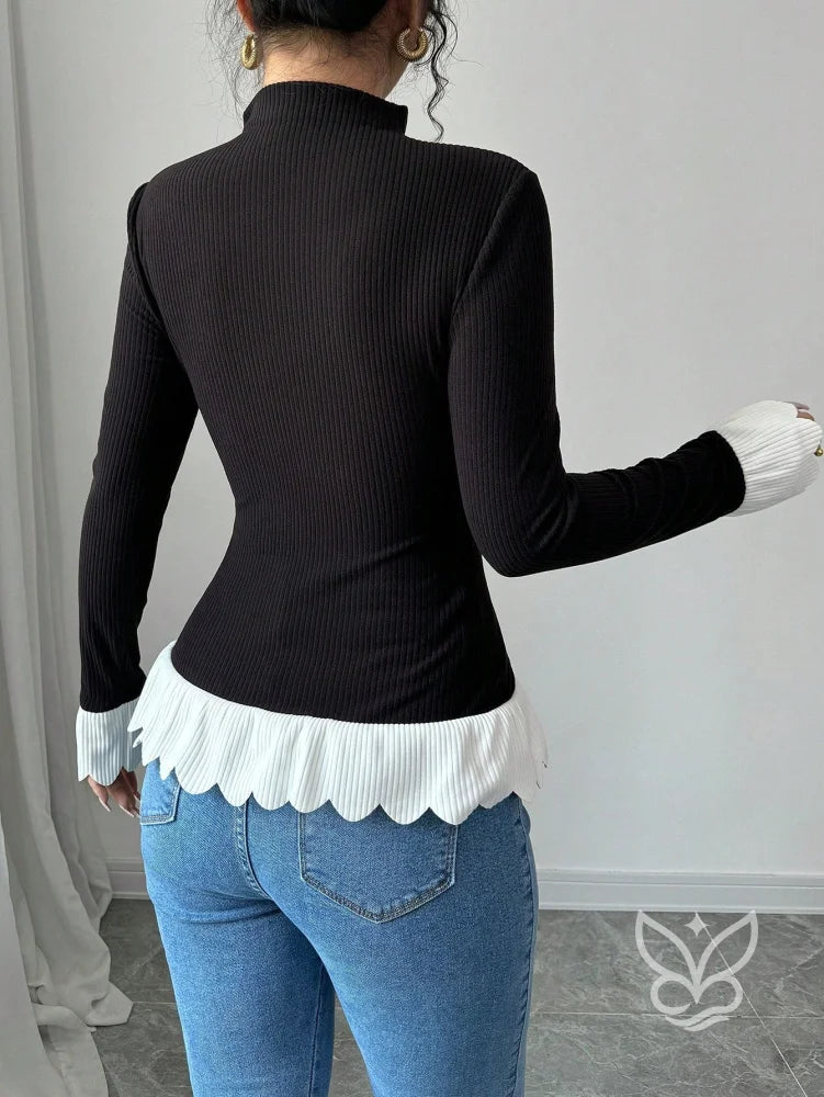 Blusa Manga Longa Com Gola Alta E Barra Assimétrica Blusa Manga Longa Com Gola Alta E Barra Assimétrica
