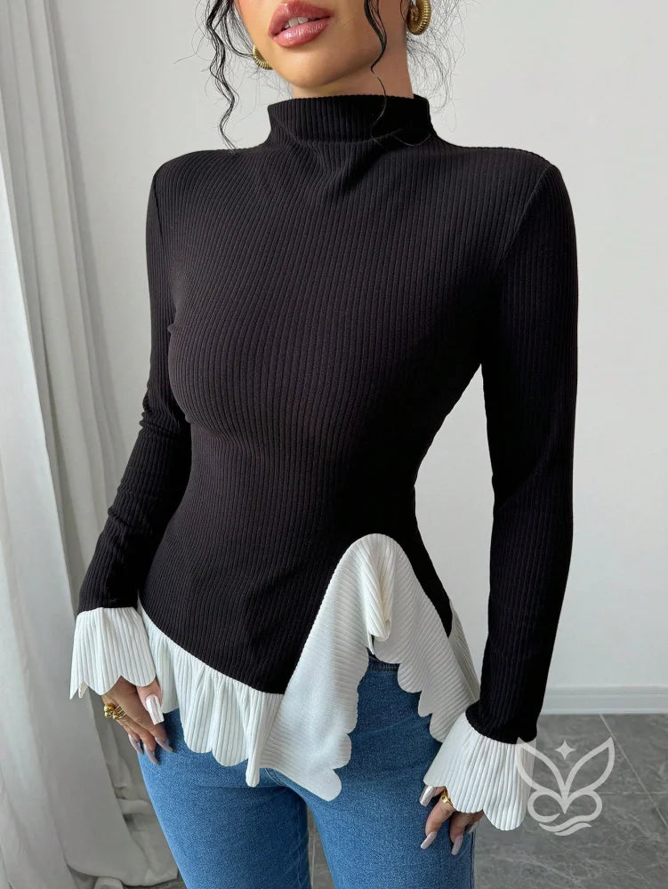 Blusa Manga Longa Com Gola Alta E Barra Assimétrica Blusa Manga Longa Com Gola Alta E Barra Assimétrica