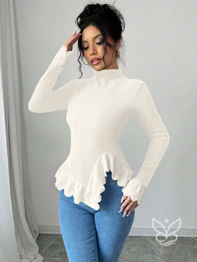 Blusa Manga Longa Com Gola Alta E Barra Assimétrica Blusa Manga Longa Com Gola Alta E Barra Assimétrica