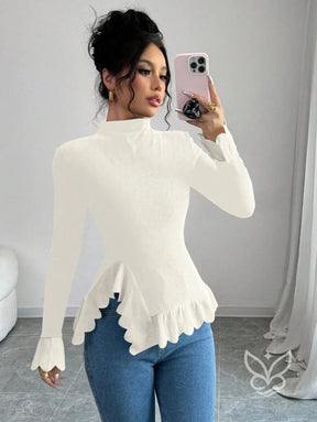 Blusa Manga Longa Com Gola Alta E Barra Assimétrica Damasco / PP Blusa Manga Longa Com Gola Alta E Barra Assimétrica
