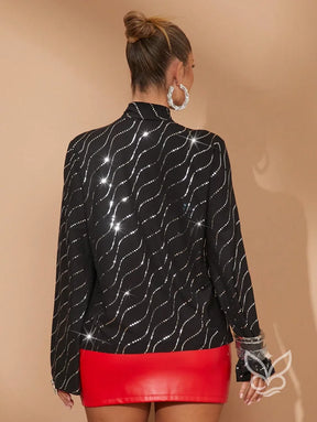 Blusa Manga Longa Com Gola Alta E Laço Com Detalhes Brilhantes Blusa Manga Longa Com Gola Alta E Laço Com Detalhes
