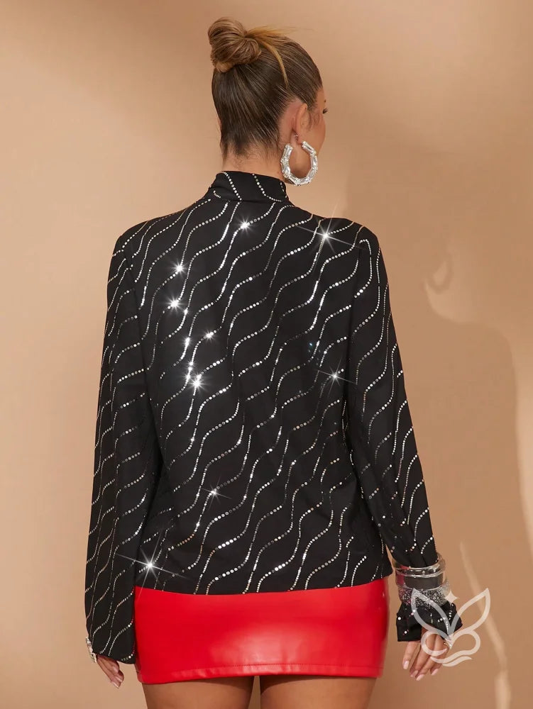 Blusa Manga Longa Com Gola Alta E Laço Com Detalhes Brilhantes Blusa Manga Longa Com Gola Alta E Laço Com Detalhes
