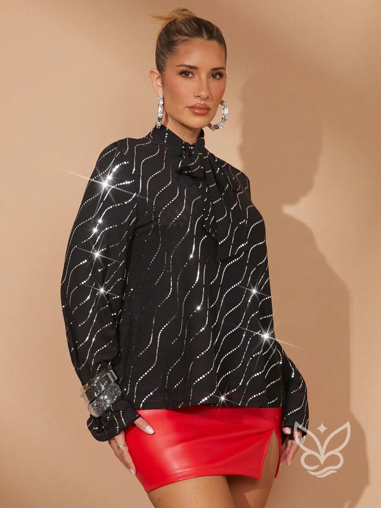Blusa Manga Longa Com Gola Alta E Laço Com Detalhes Brilhantes Preto / PP Blusa Manga Longa Com Gola Alta E Laço Com