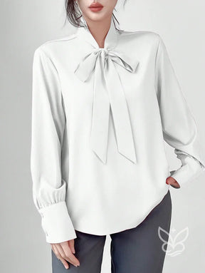 Blusa Manga Longa Com Gola Laço E Caimento Elegante Blusa Manga Longa Com Gola Laço E Caimento Elegante