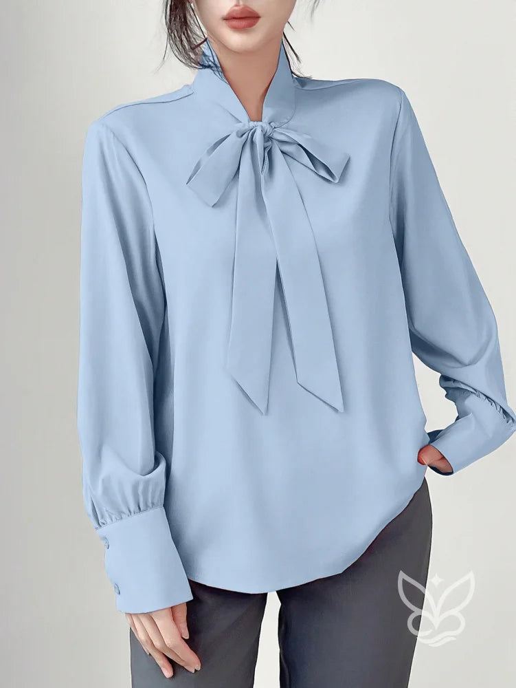 Blusa Manga Longa Com Gola Laço E Caimento Elegante Blusa Manga Longa Com Gola Laço E Caimento Elegante