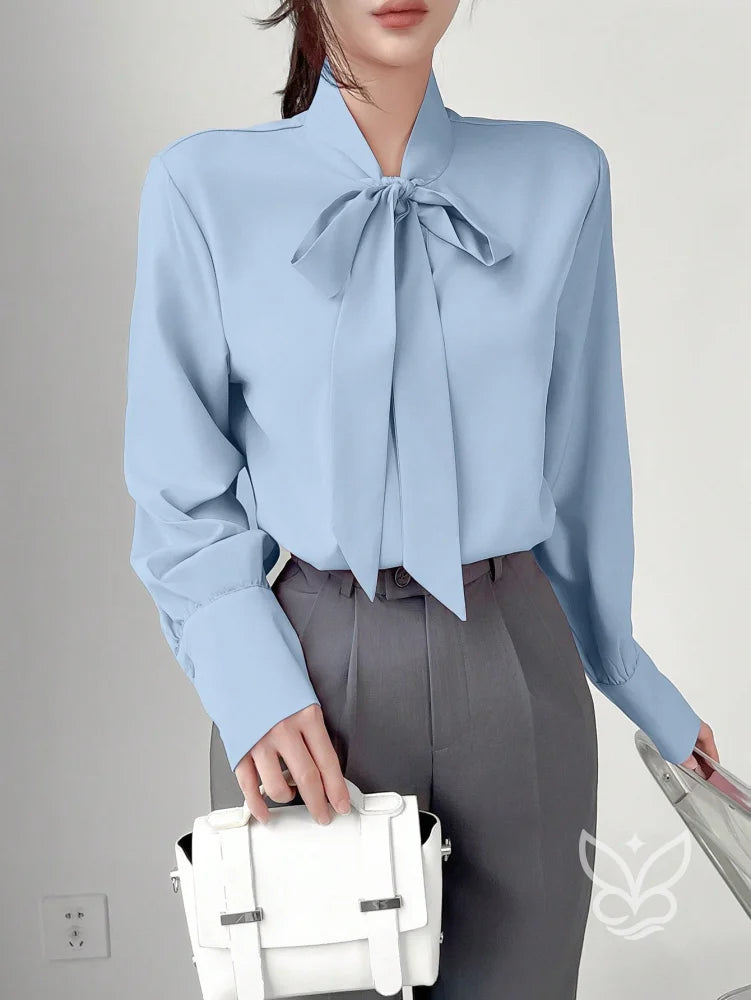 Blusa Manga Longa Com Gola Laço E Caimento Elegante Azul Bebê / PP Blusa Manga Longa Com Gola Laço E Caimento Elegante