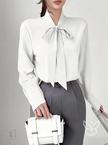 Blusa Manga Longa Com Gola Laço E Caimento Elegante Branco / PP Blusa Manga Longa Com Gola Laço E Caimento Elegante