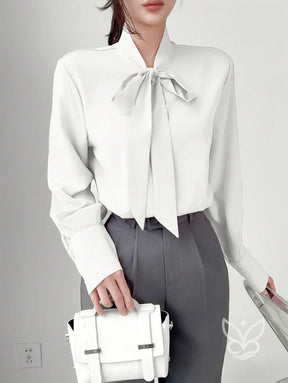 Blusa Manga Longa Com Gola Laço E Caimento Elegante Branco / PP Blusa Manga Longa Com Gola Laço E Caimento Elegante