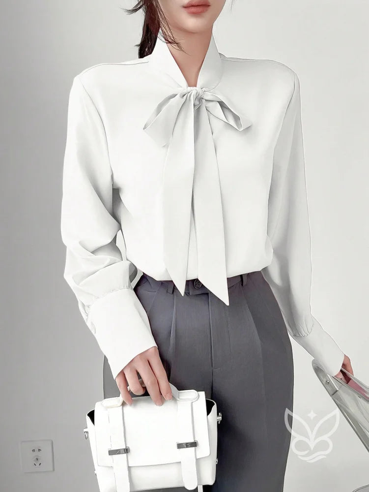 Blusa Manga Longa Com Gola Laço E Caimento Elegante Branco / PP Blusa Manga Longa Com Gola Laço E Caimento Elegante