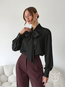 Blusa Manga Longa Com Gola Laço E Caimento Elegante Preto / PP Blusa Manga Longa Com Gola Laço E Caimento Elegante