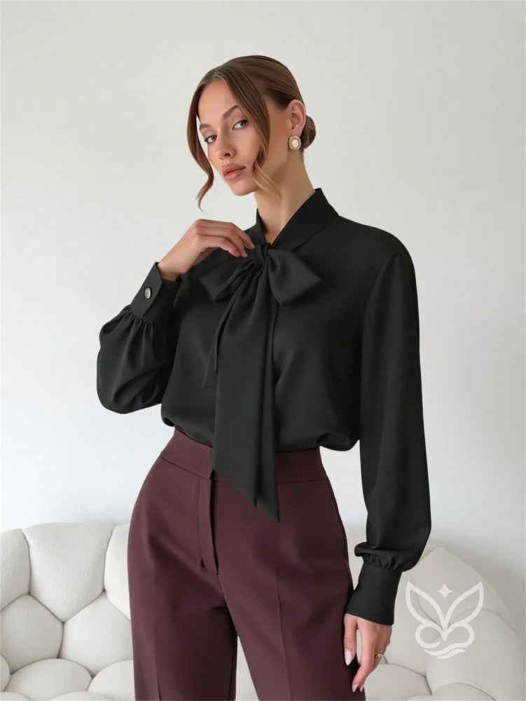 Blusa Manga Longa Com Gola Laço E Caimento Elegante Preto / PP Blusa Manga Longa Com Gola Laço E Caimento Elegante