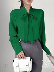 Blusa Manga Longa Com Gola Laço E Caimento Elegante Verde / PP Blusa Manga Longa Com Gola Laço E Caimento Elegante