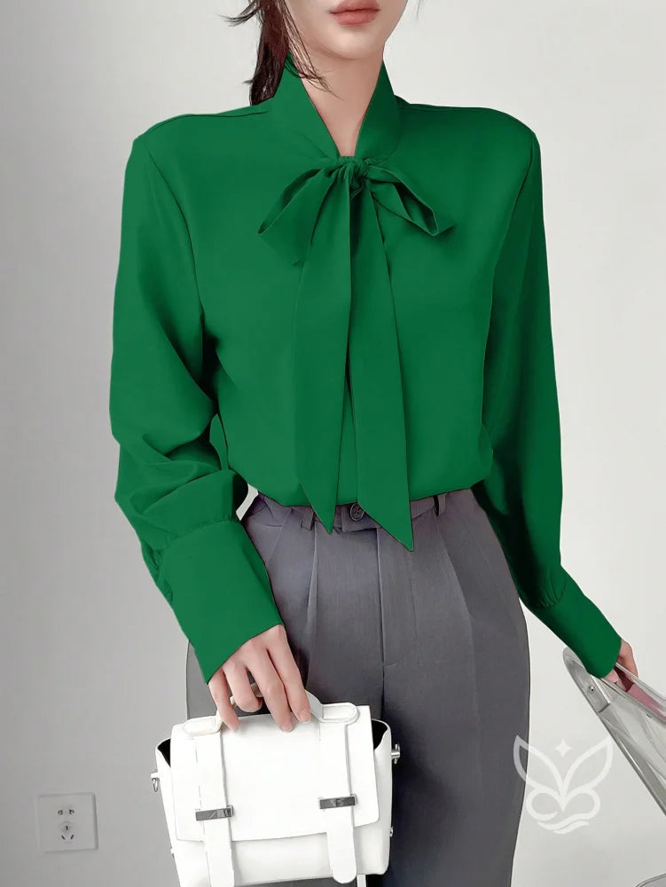 Blusa Manga Longa Com Gola Laço E Caimento Elegante Verde / PP Blusa Manga Longa Com Gola Laço E Caimento Elegante