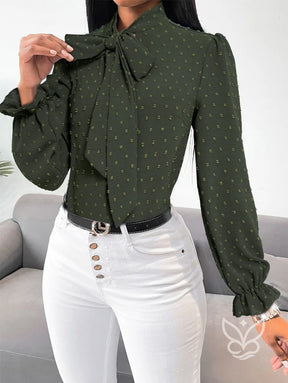 Blusa Manga Longa Com Gola Laço E Detalhes Plissados Blusa Manga Longa Com Gola Laço E Detalhes Plissados