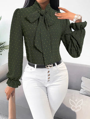 Blusa Manga Longa Com Gola Laço E Detalhes Plissados Blusa Manga Longa Com Gola Laço E Detalhes Plissados
