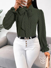 Blusa Manga Longa Com Gola Laço E Detalhes Plissados Verde Militar / PP Blusa Manga Longa Com Gola Laço E Detalhes