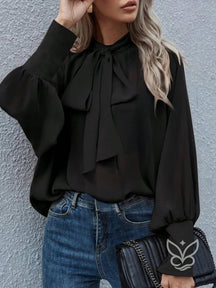Blusa Manga Longa Com Gola Laço E Punhos Bufantes Preto / PP Blusa Manga Longa Com Gola Laço E Punhos Bufantes