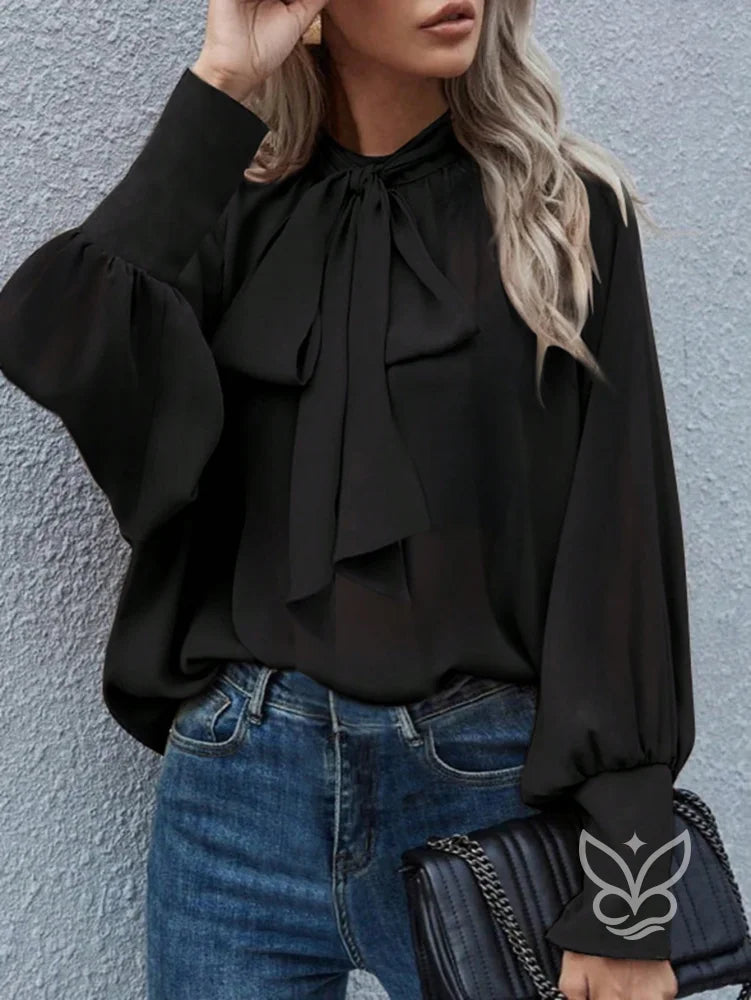 Blusa Manga Longa Com Gola Laço E Punhos Bufantes Preto / PP Blusa Manga Longa Com Gola Laço E Punhos Bufantes