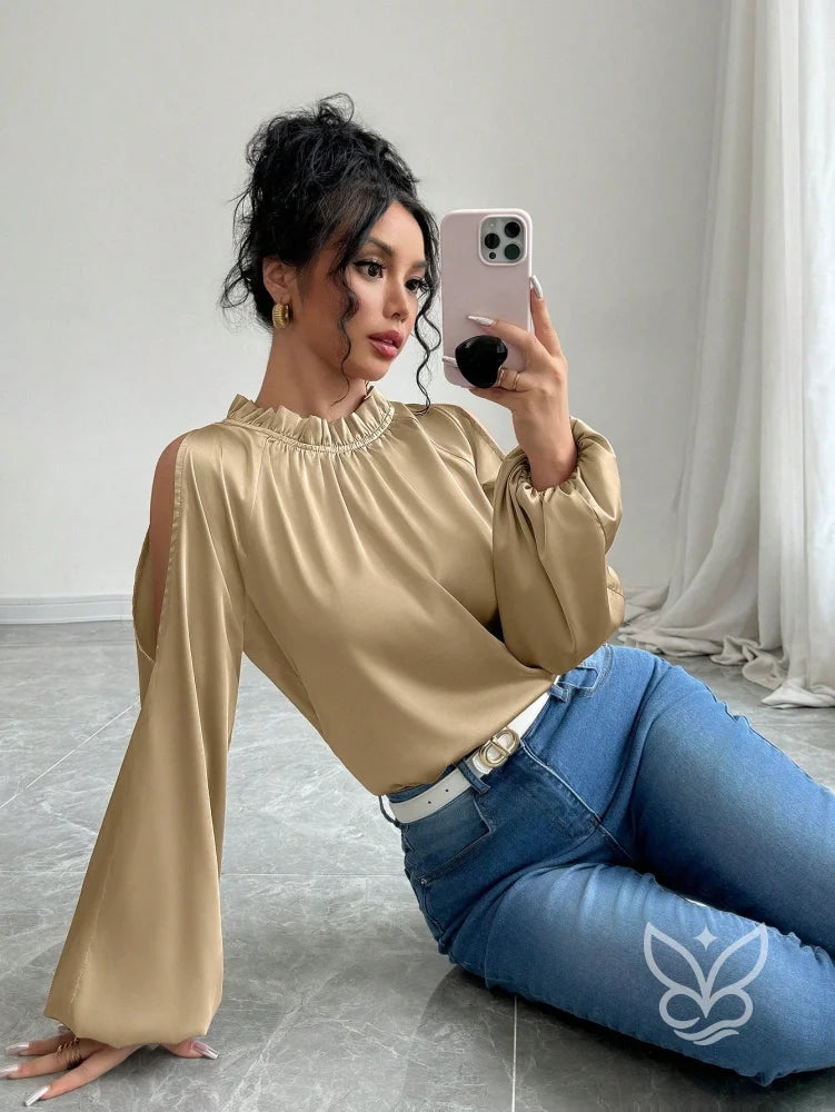 Blusa Manga Longa Com Recorte Nos Ombros E Gola Frufru Damasco / PP Blusa Manga Longa Com Recorte Nos Ombros E Gola