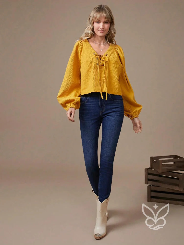 Blusa Manga Longa Em Algodão Com Decote Com Amarração Amarela / PP Blusa Manga Longa Em Algodão Com Decote Com Amarração