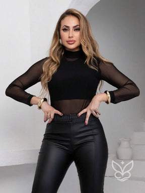 Blusa Manga Longa Em Tule Com Gola Alta Elegante Preto / P Blusa Manga Longa Em Tule Com Gola Alta Elegante