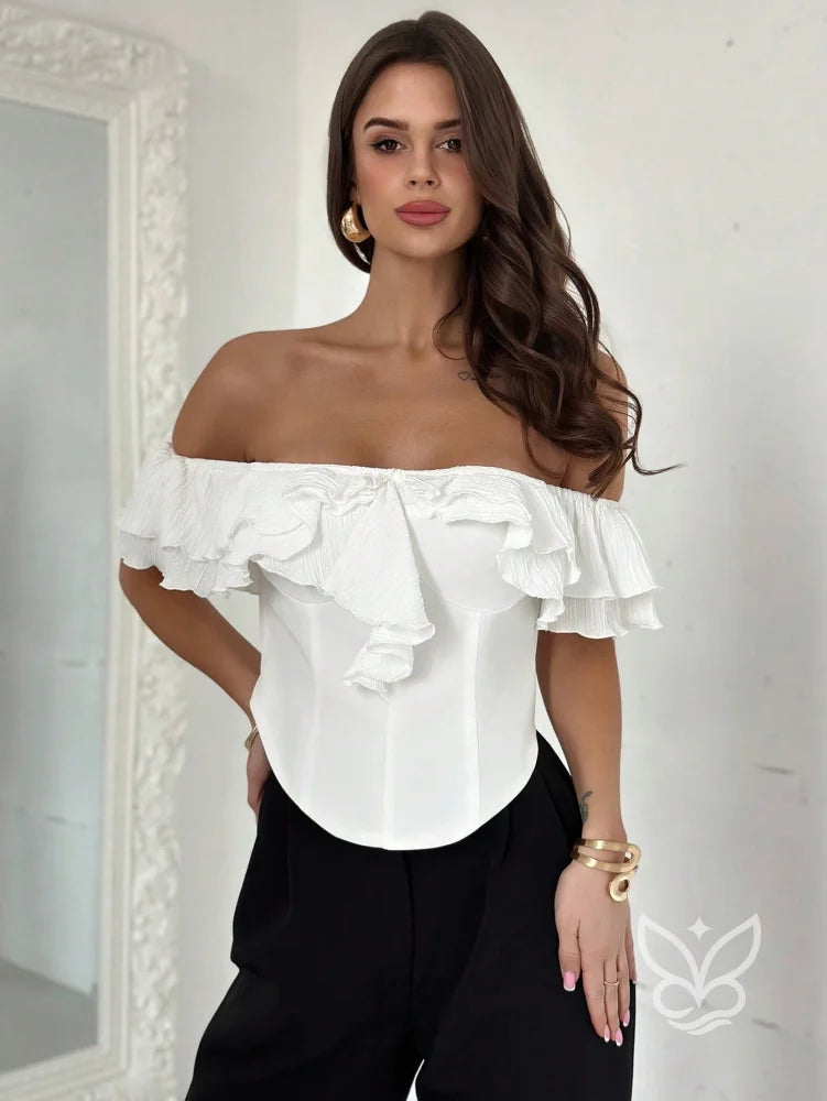 Blusa Ombro a Ombro Com Babados E Caimento Ajustado Blusa Ombro a Ombro Com Babados E Caimento Ajustado