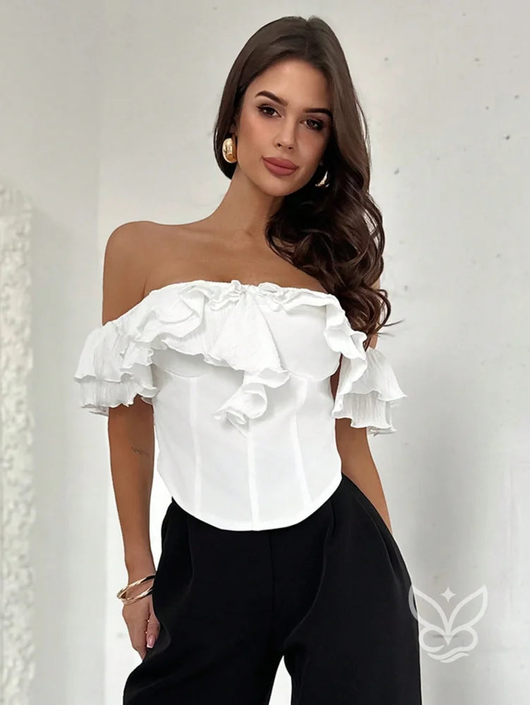 Blusa Ombro a Ombro Com Babados E Caimento Ajustado Blusa Ombro a Ombro Com Babados E Caimento Ajustado
