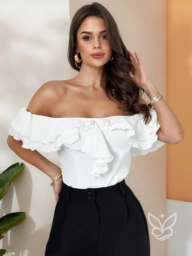 Blusa Ombro a Ombro Com Babados E Caimento Ajustado Branco / PP Blusa Ombro a Ombro Com Babados E Caimento Ajustado