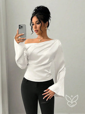 Blusa Ombro a Ombro Com Manga Longa E Cintura Ajustada Branco / PP Blusa Ombro a Ombro Com Manga Longa E Cintura