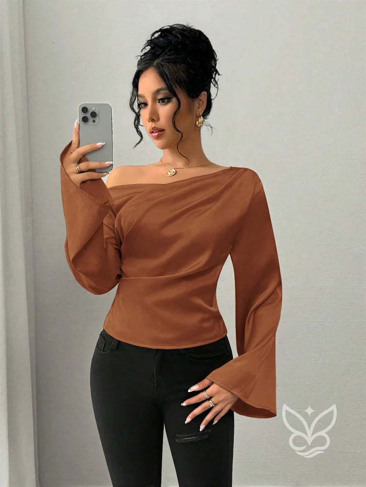 Blusa Ombro a Ombro Com Manga Longa E Cintura Ajustada Castanho / PP Blusa Ombro a Ombro Com Manga Longa E Cintura