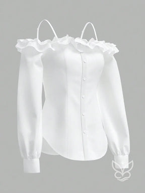 Blusa Ombro Único Com Babados Tridimensionais E Manga Longa Blusa Ombro Único Com Babados Tridimensionais E Manga Longa