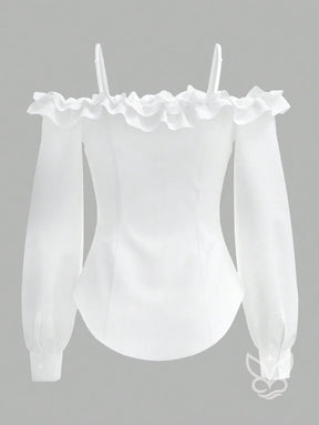 Blusa Ombro Único Com Babados Tridimensionais E Manga Longa Blusa Ombro Único Com Babados Tridimensionais E Manga Longa