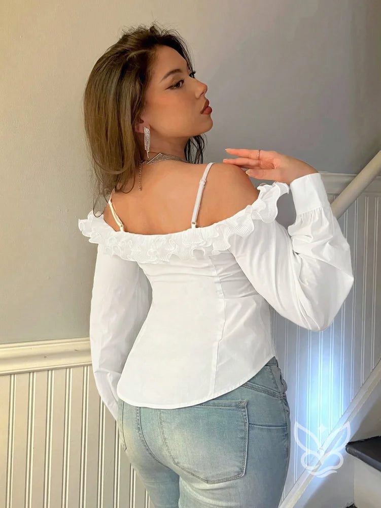 Blusa Ombro Único Com Babados Tridimensionais E Manga Longa Blusa Ombro Único Com Babados Tridimensionais E Manga Longa