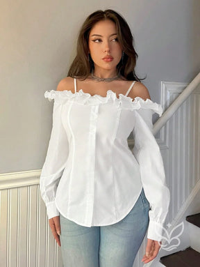 Blusa Ombro Único Com Babados Tridimensionais E Manga Longa Blusa Ombro Único Com Babados Tridimensionais E Manga Longa