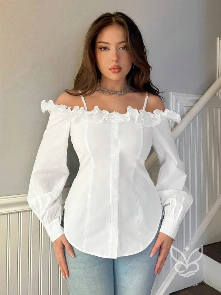 Blusa Ombro Único Com Babados Tridimensionais E Manga Longa Branco / PP Blusa Ombro Único Com Babados Tridimensionais E