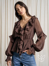 Blusa Peplum Boho Com Brilho Babados E Transparência Delicada Chocolate / PP Blusa Peplum Boho Com Brilho Babados E