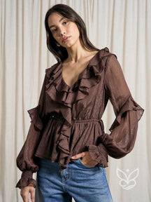 Blusa Peplum Boho Com Brilho Babados E Transparência Delicada Chocolate / PP Blusa Peplum Boho Com Brilho Babados E
