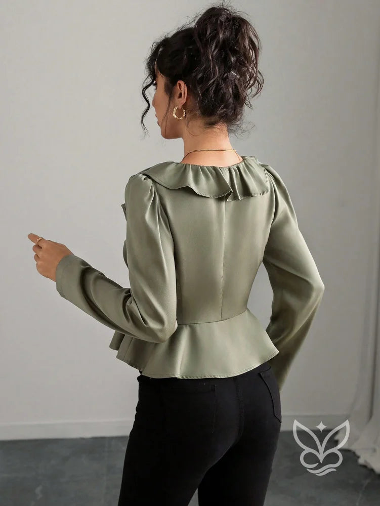Blusa Peplum Com Babado No Decote E Botões Elegantes Blusa Peplum Com Babado No Decote E Botões Elegantes