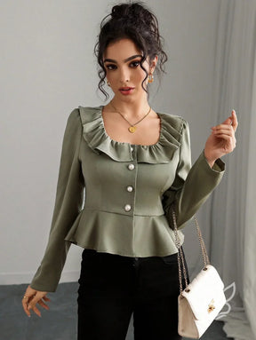 Blusa Peplum Com Babado No Decote E Botões Elegantes Blusa Peplum Com Babado No Decote E Botões Elegantes