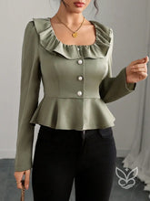 Blusa Peplum Com Babado No Decote E Botões Elegantes Verde Oliva / PP Blusa Peplum Com Babado No Decote E Botões