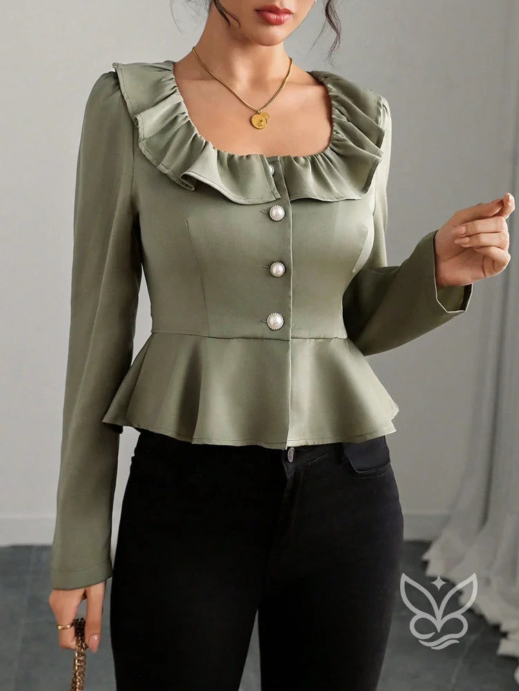 Blusa Peplum Com Babado No Decote E Botões Elegantes Verde Oliva / PP Blusa Peplum Com Babado No Decote E Botões