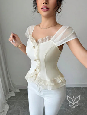Blusa Peplum Com Babados Manga Bufante E Botões Frontais Blusa Peplum Com Babados Manga Bufante E Botões Frontais