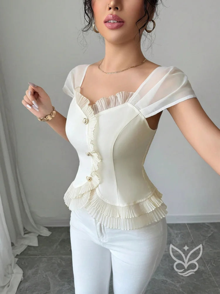 Blusa Peplum Com Babados Manga Bufante E Botões Frontais Blusa Peplum Com Babados Manga Bufante E Botões Frontais