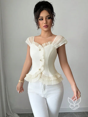 Blusa Peplum Com Babados Manga Bufante E Botões Frontais Blusa Peplum Com Babados Manga Bufante E Botões Frontais