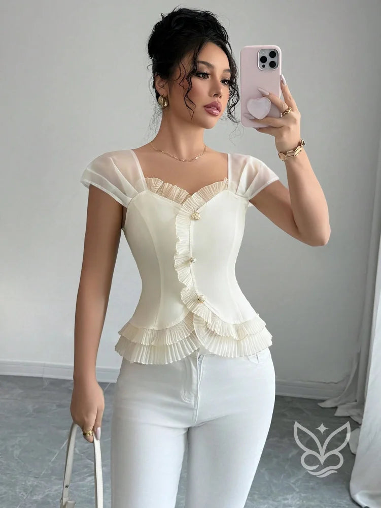 Blusa Peplum Com Babados Manga Bufante E Botões Frontais Damasco / PP Blusa Peplum Com Babados Manga Bufante E Botões