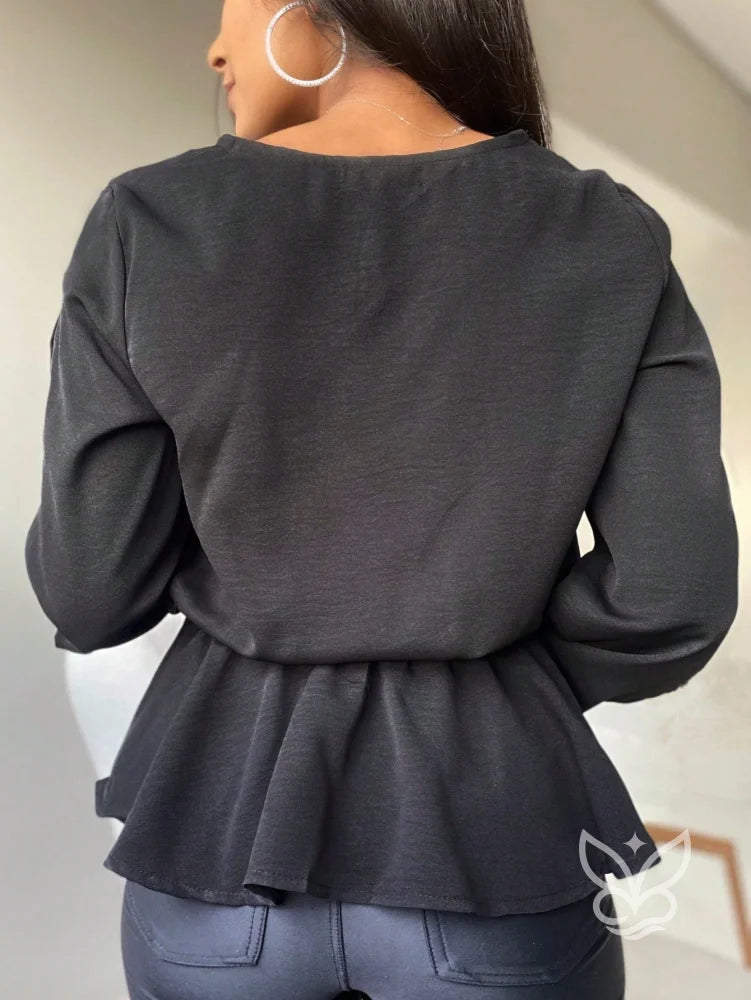 Blusa Peplum Com Babados Na Barra E Manga Bufante Blusa Peplum Com Babados Na Barra E Manga Bufante
