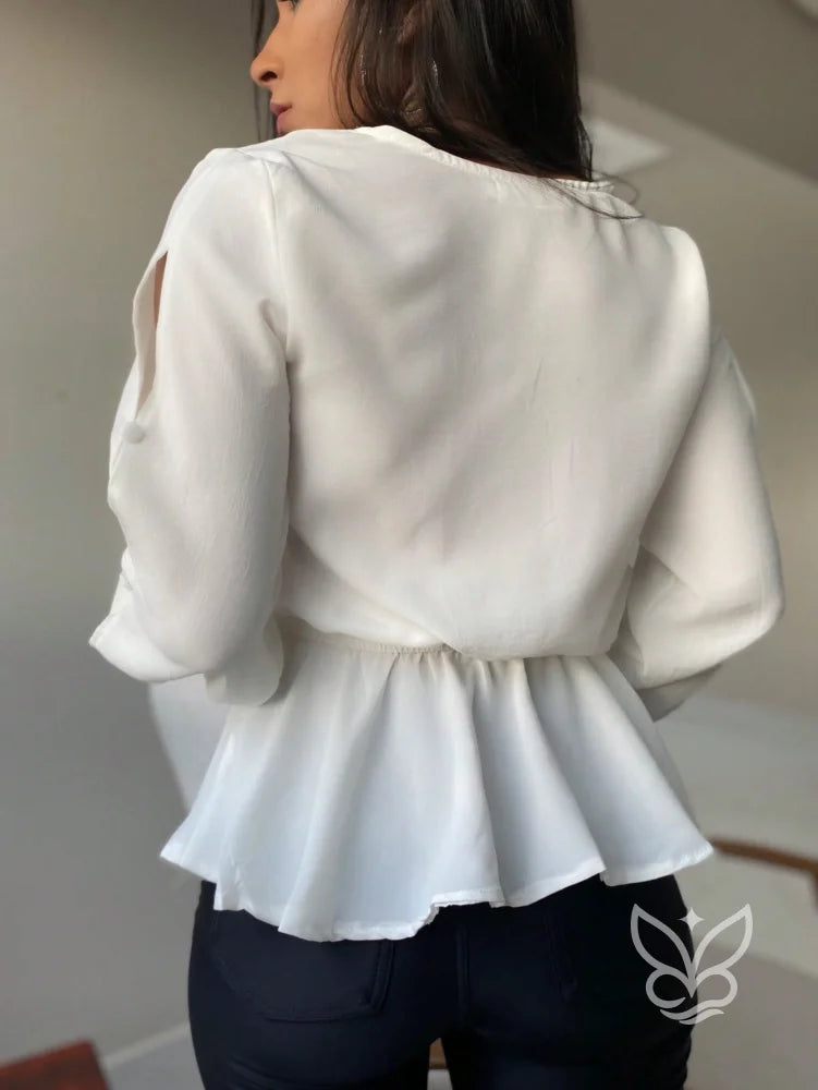 Blusa Peplum Com Babados Na Barra E Manga Bufante Blusa Peplum Com Babados Na Barra E Manga Bufante